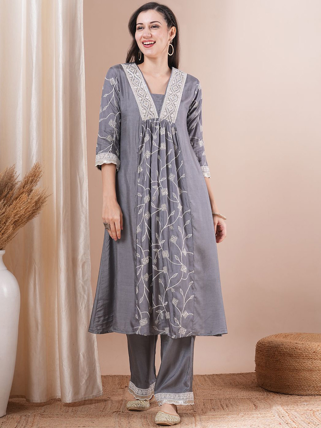 

FASHOR Floral Embroidered Pleated Sequined A-Line Kurta With Palazzos, Grey