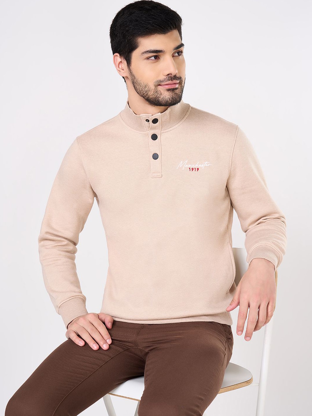 

BYFORD by Pantaloons Men Solid Mock Collar Long Sleeves Pullover Sweatshirt, Beige