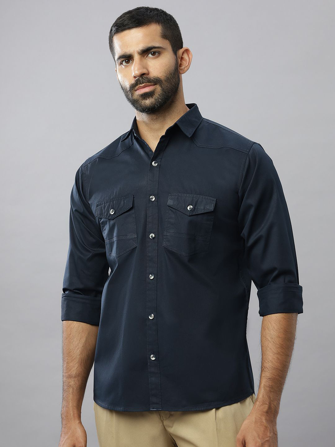 

N AND J Men Relaxed Spread Collar Solid Cotton Casual Shirt, Navy blue