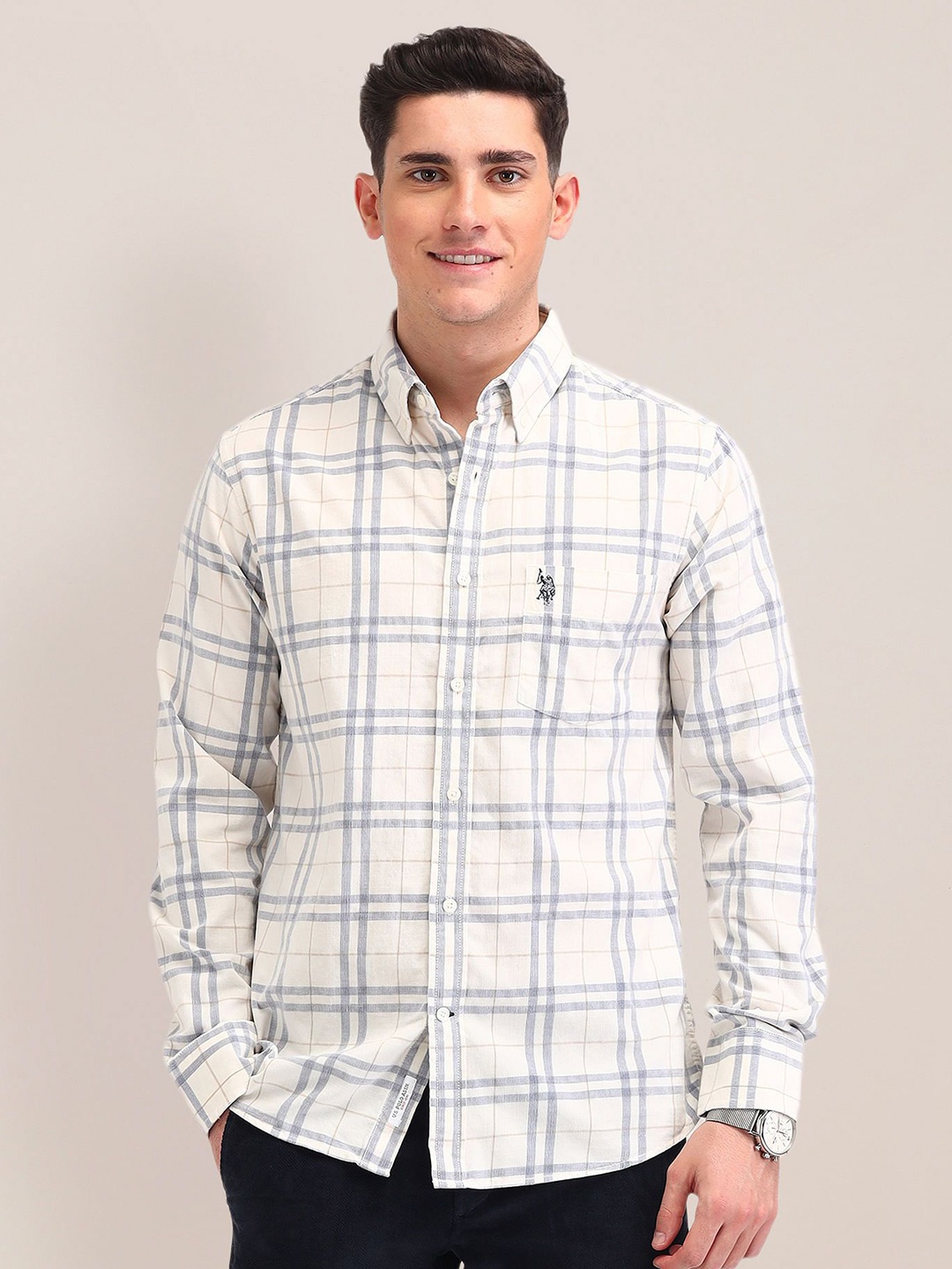 

U.S. Polo Assn. Men Button-Down Collar Tartan Checked Cotton Tailored Fit Casual Shirt, Beige