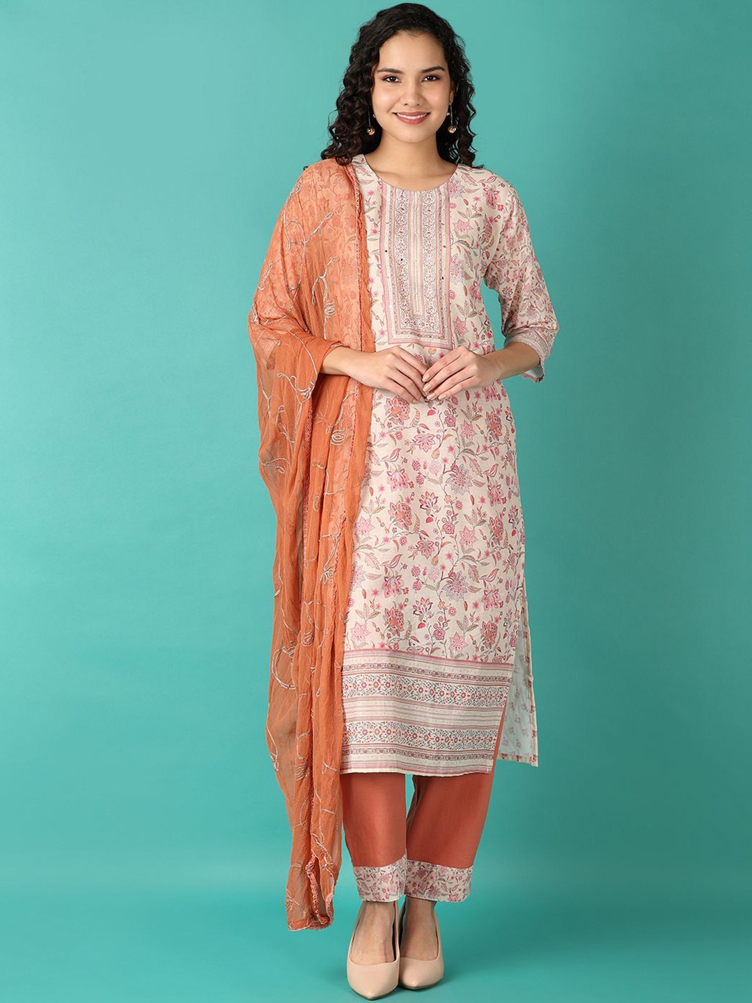 

V-Mart Floral Printed Regular Pure Cotton Kurta With Trouser With Dupatta, Rust