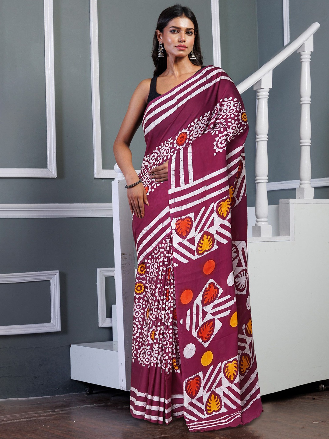 

Unnati Silks Ethnic Motifs Pure Cotton Handloom Block Print Saree, Maroon