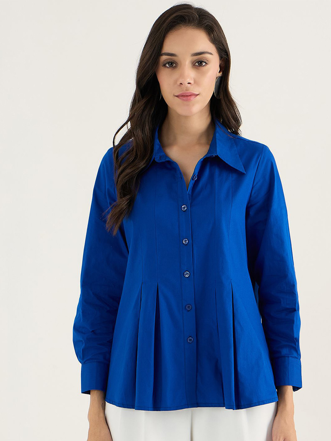 

FEMMELLA Women Standard Spread Collar Solid Cotton Casual Shirt, Blue