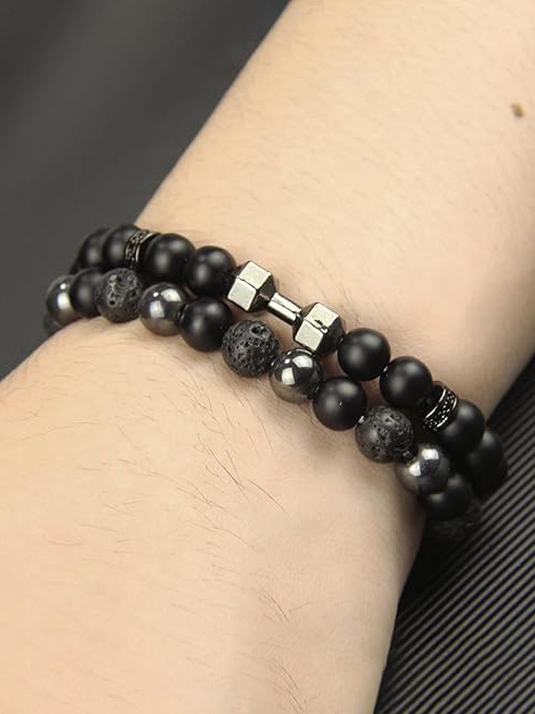 

Designs & You Men Set Of 2 Silver-Plated Beaded Elasticated Bracelet, Black
