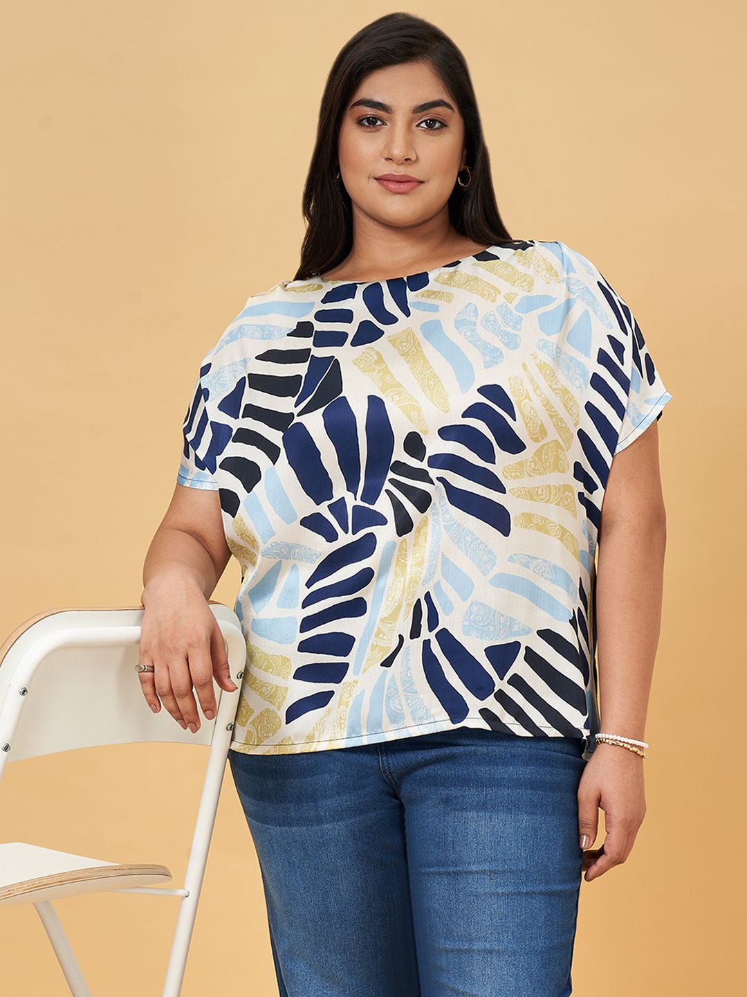 

Honey Curvytude by Pantaloons Women Printed Plus Size Round Neck Short Sleeves Top, Blue