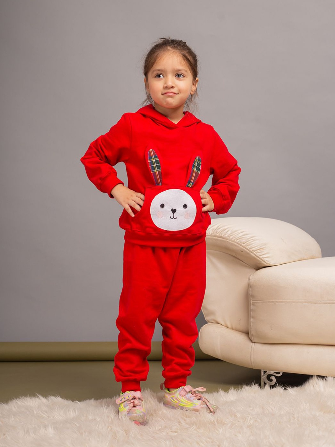 

Budding Bees Girls Hooded Printed Pure Cotton Sweatshirt with Joggers, Red