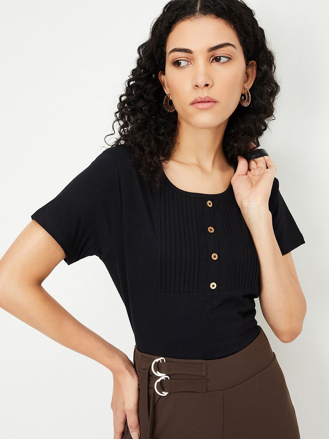 

max Striped Extended Sleeves Cotton Top, Black