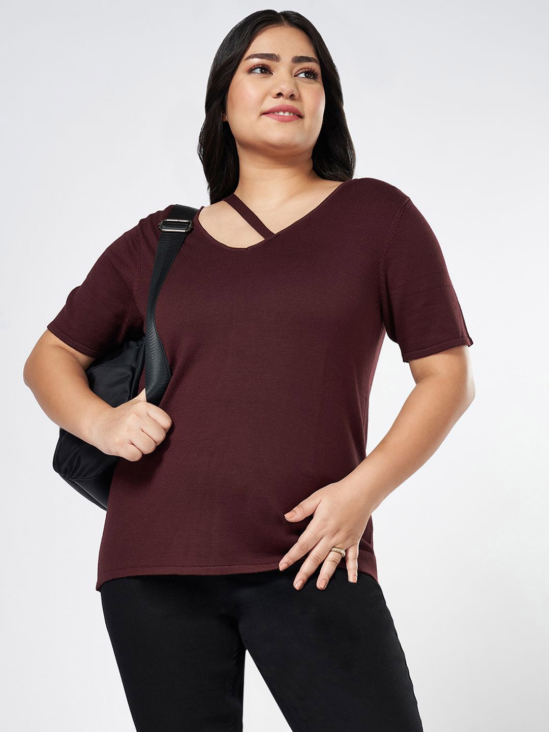 

Honey Curvytude by Pantaloons Women V-Neck Plus Size Regular Top, Brown