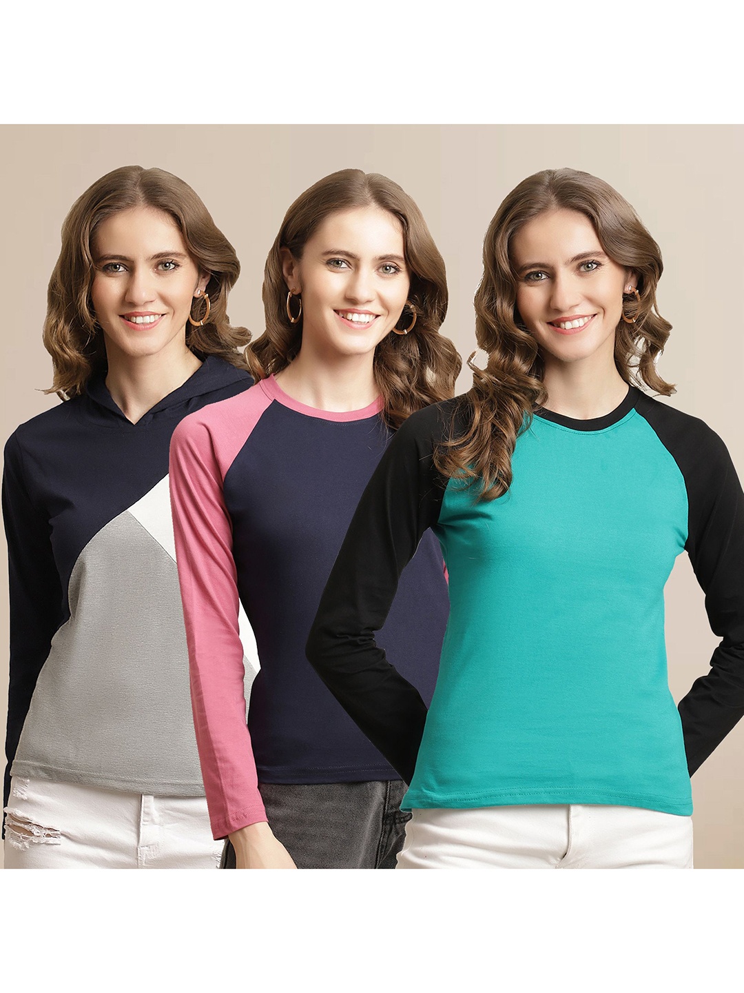 

Metronaut Women Pack Of 3 Colourblocked Round Neck Cotton T-shirts, Turquoise blue