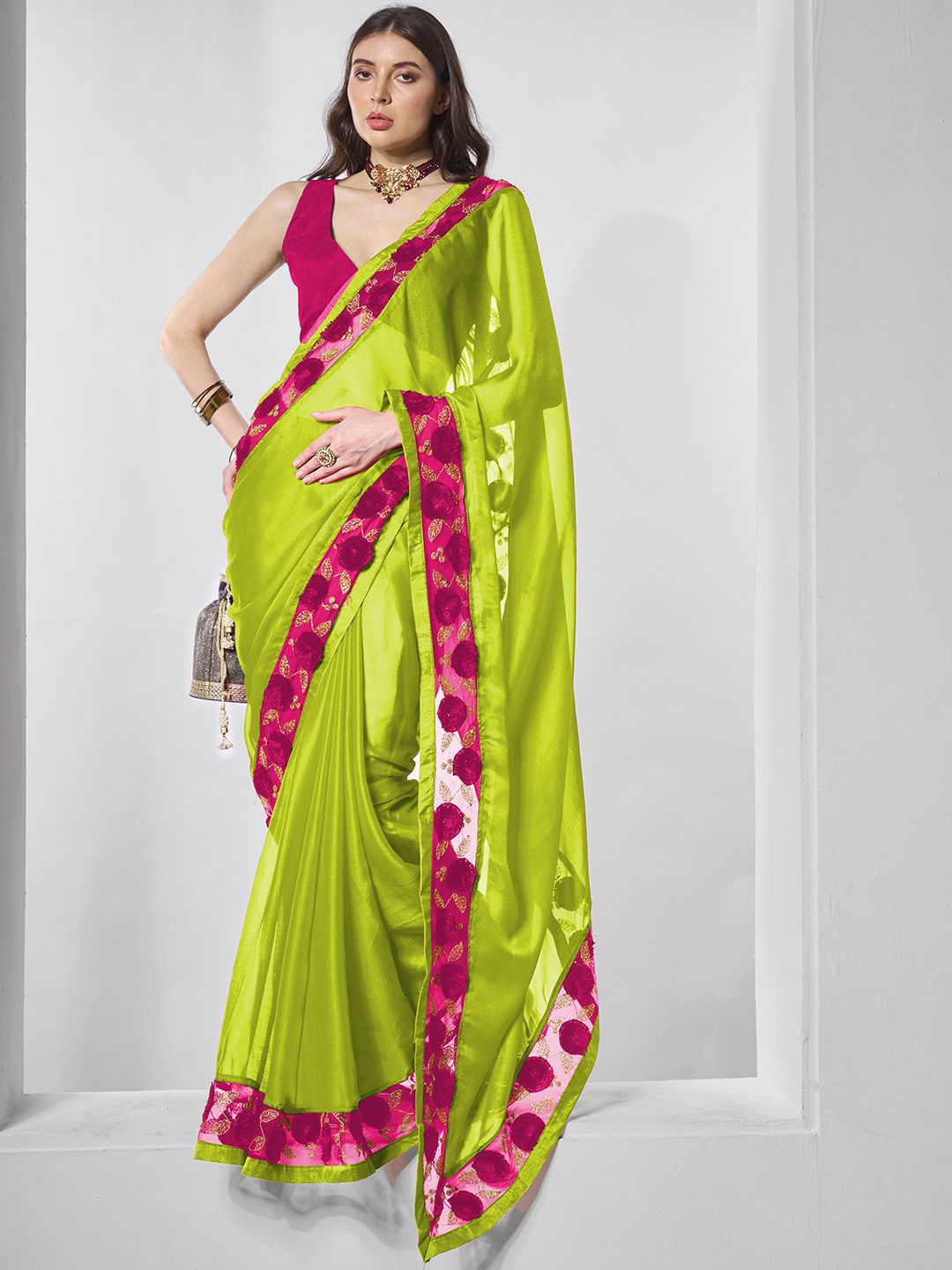 

Mitera Embroidered Border Pure Chiffon Ready to Wear Saree, Fluorescent green