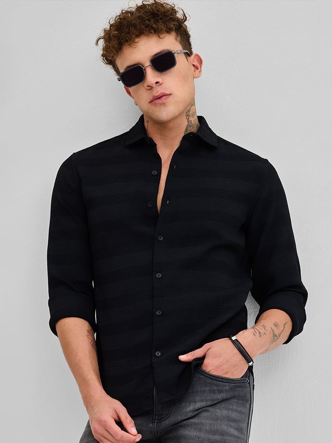 

Snitch Men Smart Spread Collar Textured Casual Shirt, White