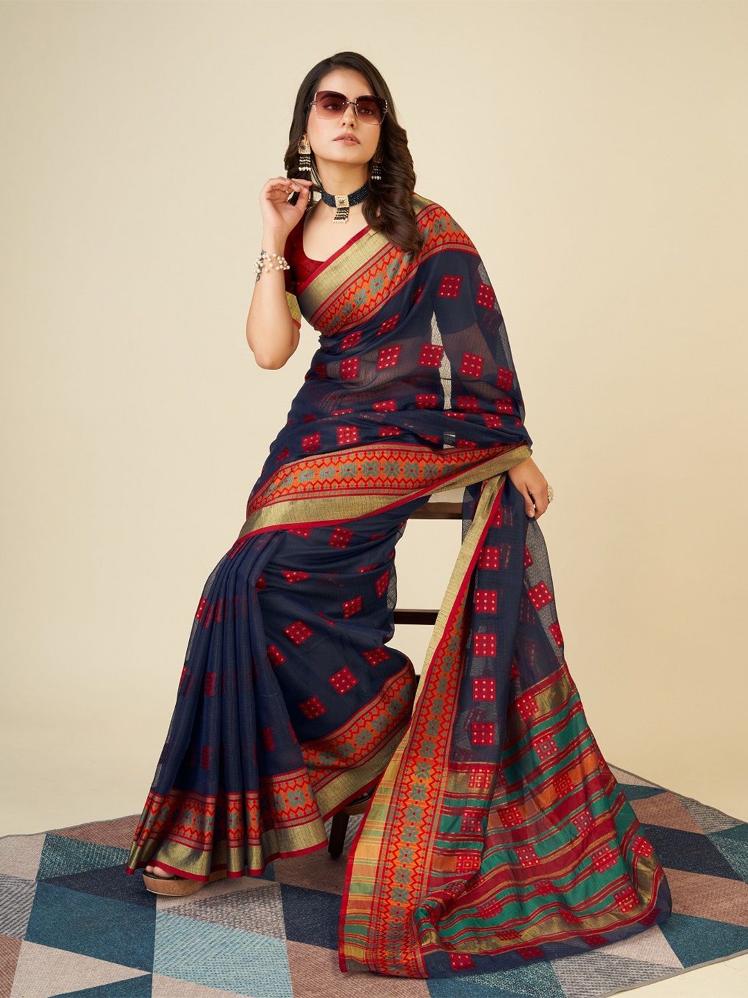 

Suha Woven Design Kota Saree With Blouse Piece, Navy blue