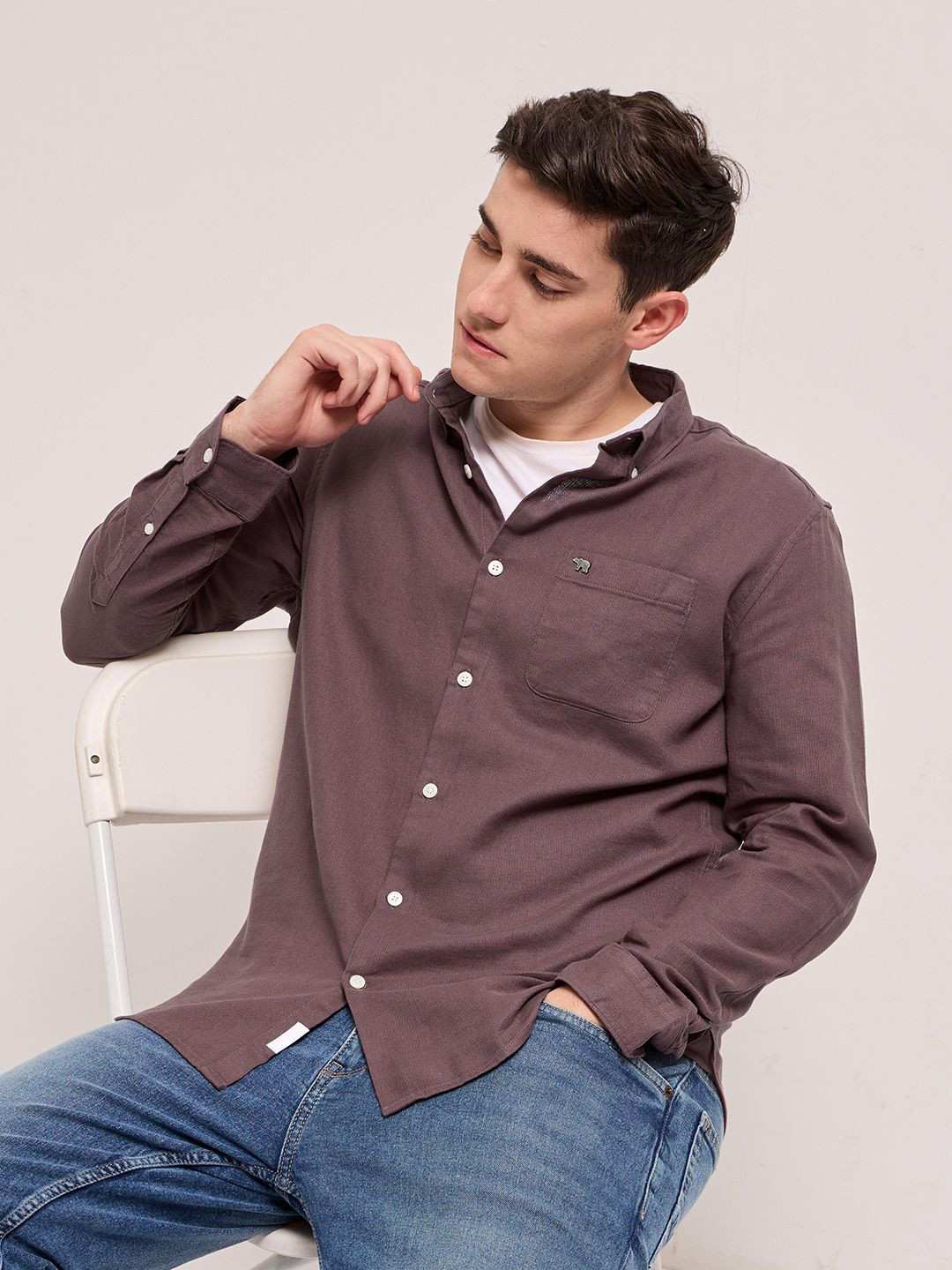 

THE BEAR HOUSE Men Button-Down Collar Solid Cotton Slim Fit Casual Shirt, Grey