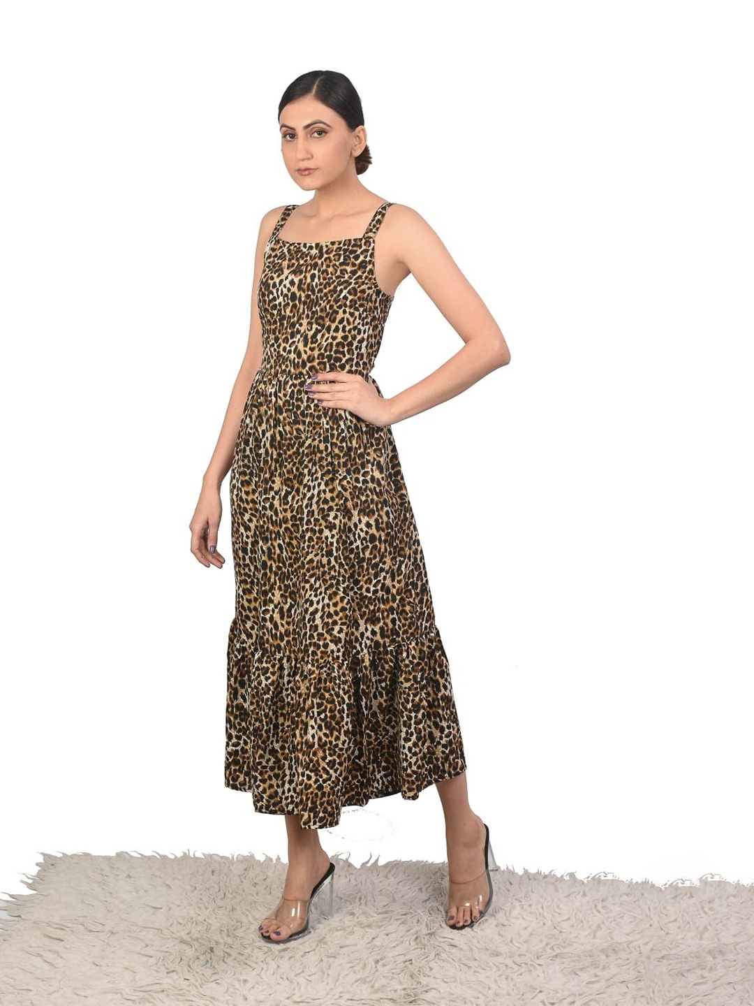 

MIRAYYA Animal Printed Fit & Flare Midi Dress, Black