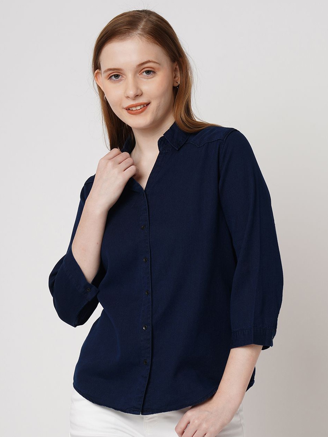 

Kraus Jeans Women Spread Collar Solid Cotton Slim Fit Casual Shirt, Navy blue