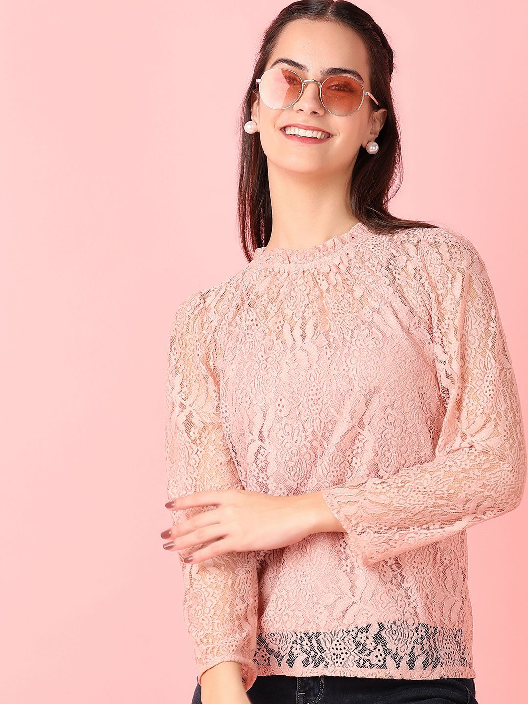 

V-Mart Women Self Design Lace Round Neck Top, Pink