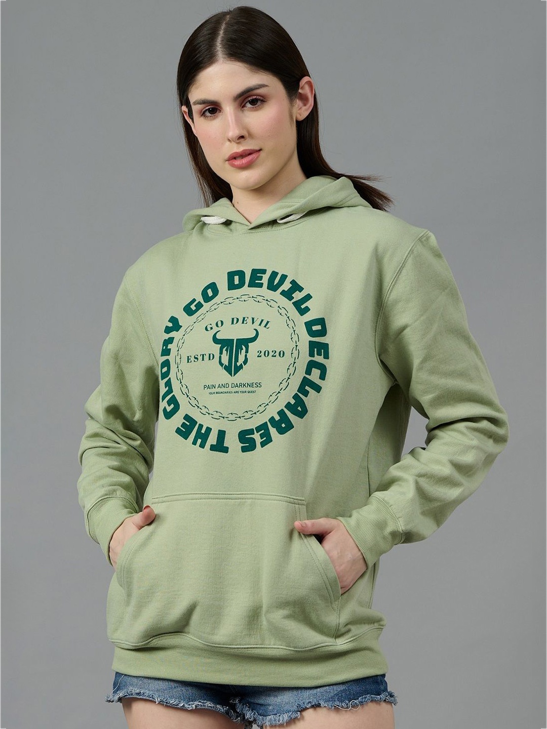

GO DEVIL Women Printed Hooded Sweatshirt, Sea green