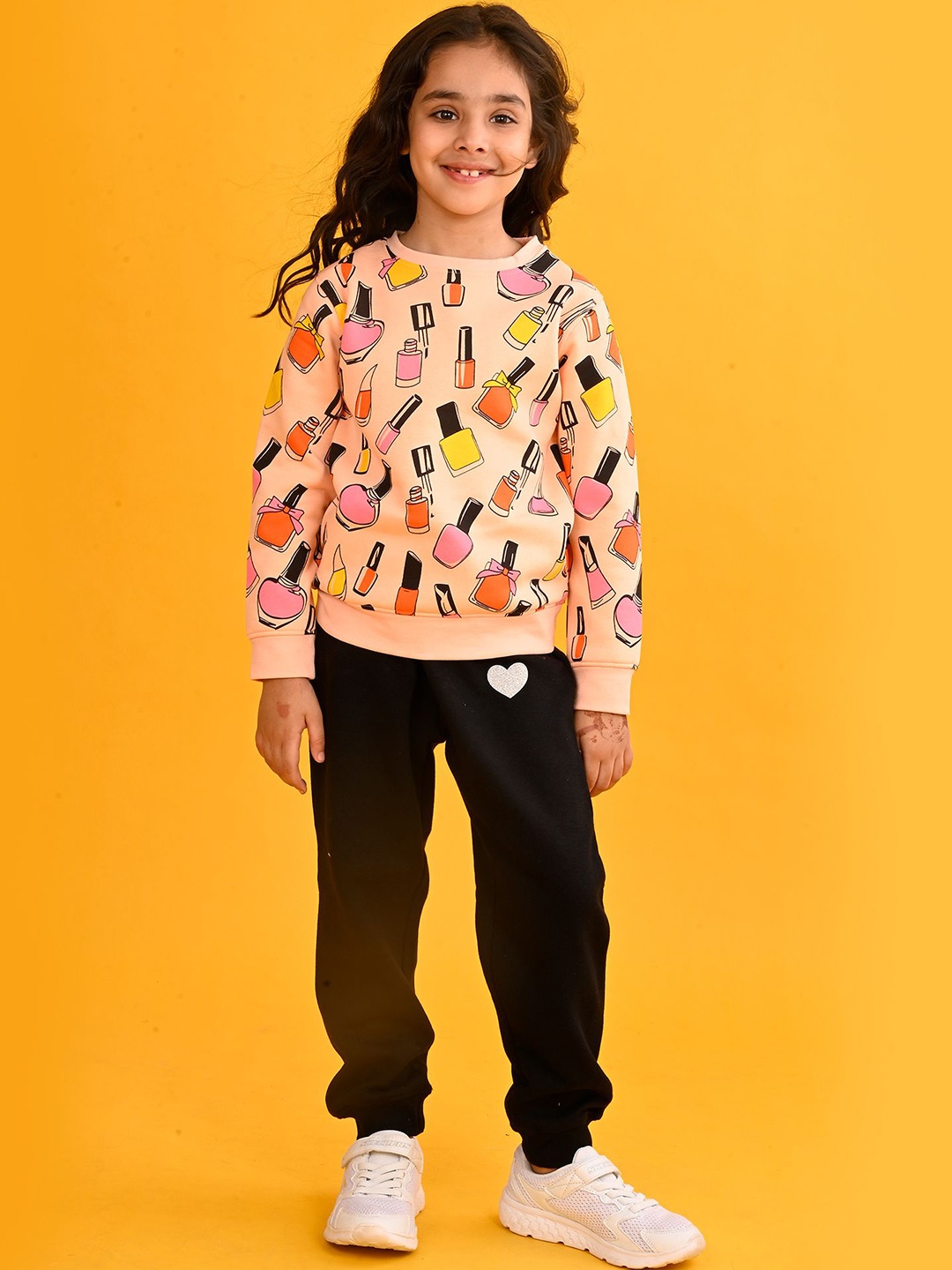 

Anthrilo Girls Printed Fleece Sweatshirt With Jogger, Peach