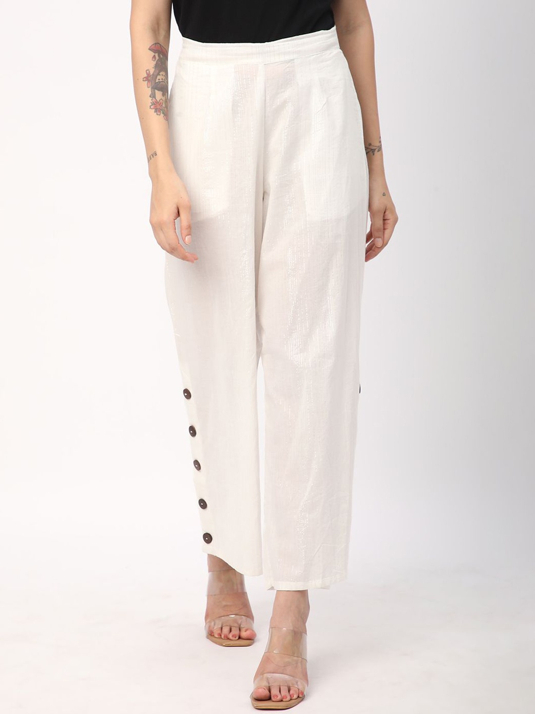 

R&B Women Cotton Solid Straight Fit High-Rise Trousers, White