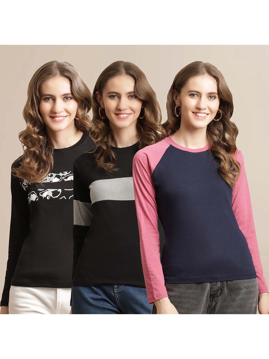 

Metronaut Women Pack Of 3 Colourblocked Round Neck Cotton T-shirts, Grey