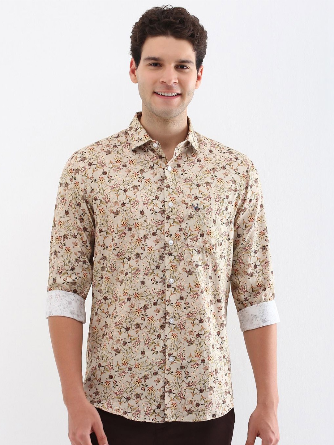 

Allen Solly Men Classic Spread Collar Floral Printed Cotton Slim Fit Casual Shirt, Beige