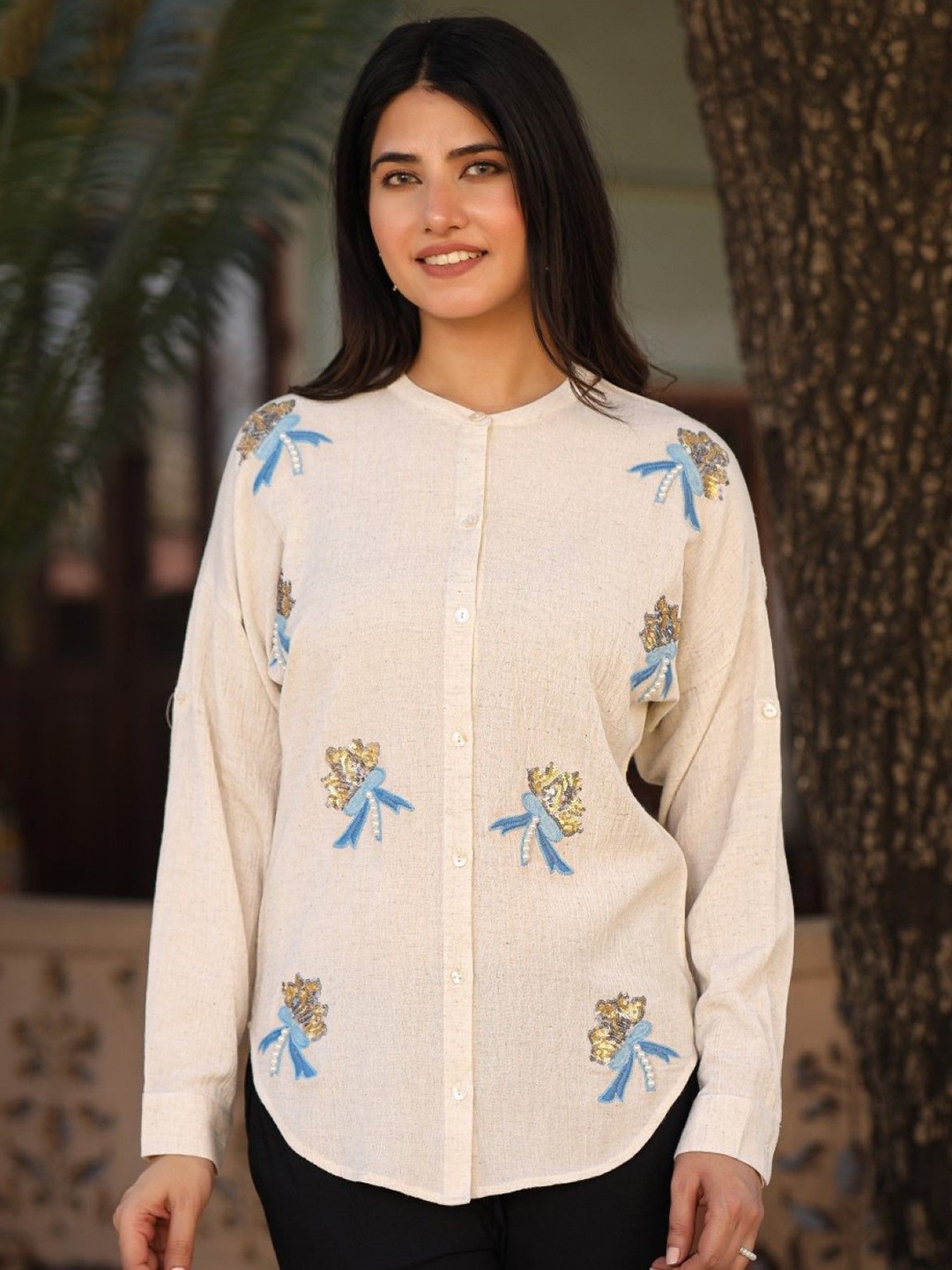 

Juniper Women Classic Band Collar Floral Printed Casual Shirt, Beige