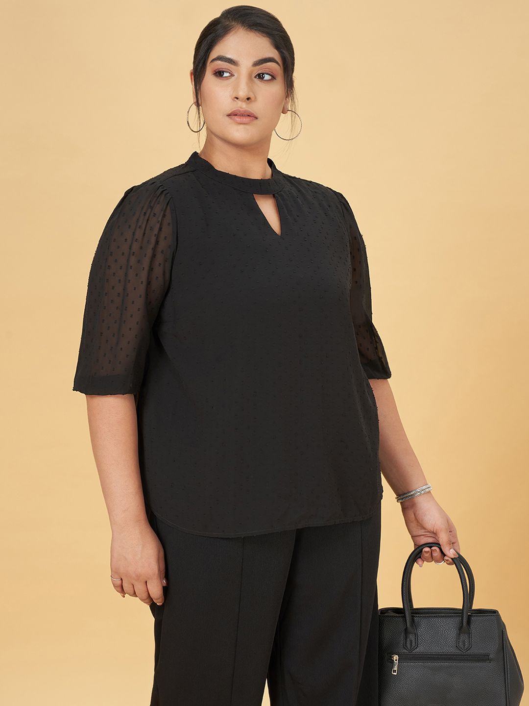 

Honey Curvytude by Pantaloons Women Mandarin Collar long Top, Black