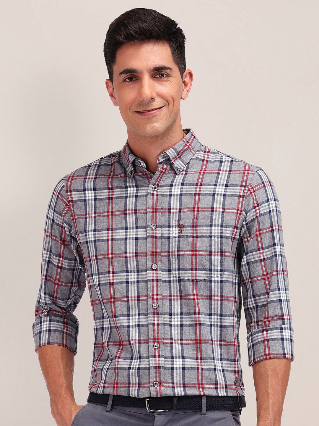 

U.S. Polo Assn. Men Button-Down Collar Tartan Checked Cotton Tailored Fit Casual Shirt, Grey