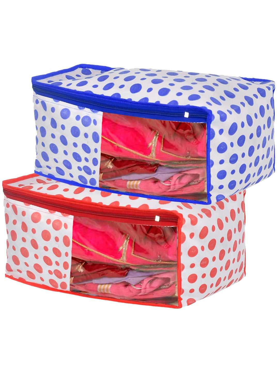 

Kuber Industries Blue & Red 2 Pieces Polka Dot Printed Foldable Multi-Utility Organisers