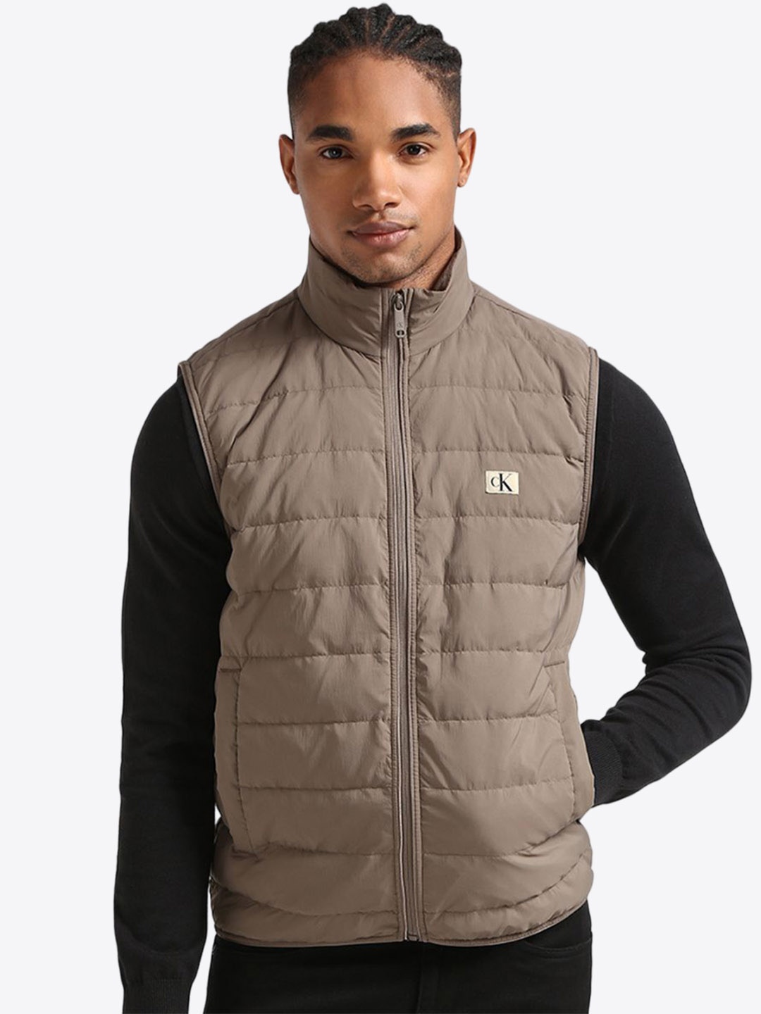 

Calvin Klein Jeans Men Mock Collar Solid Casual Padded Jacket, Beige