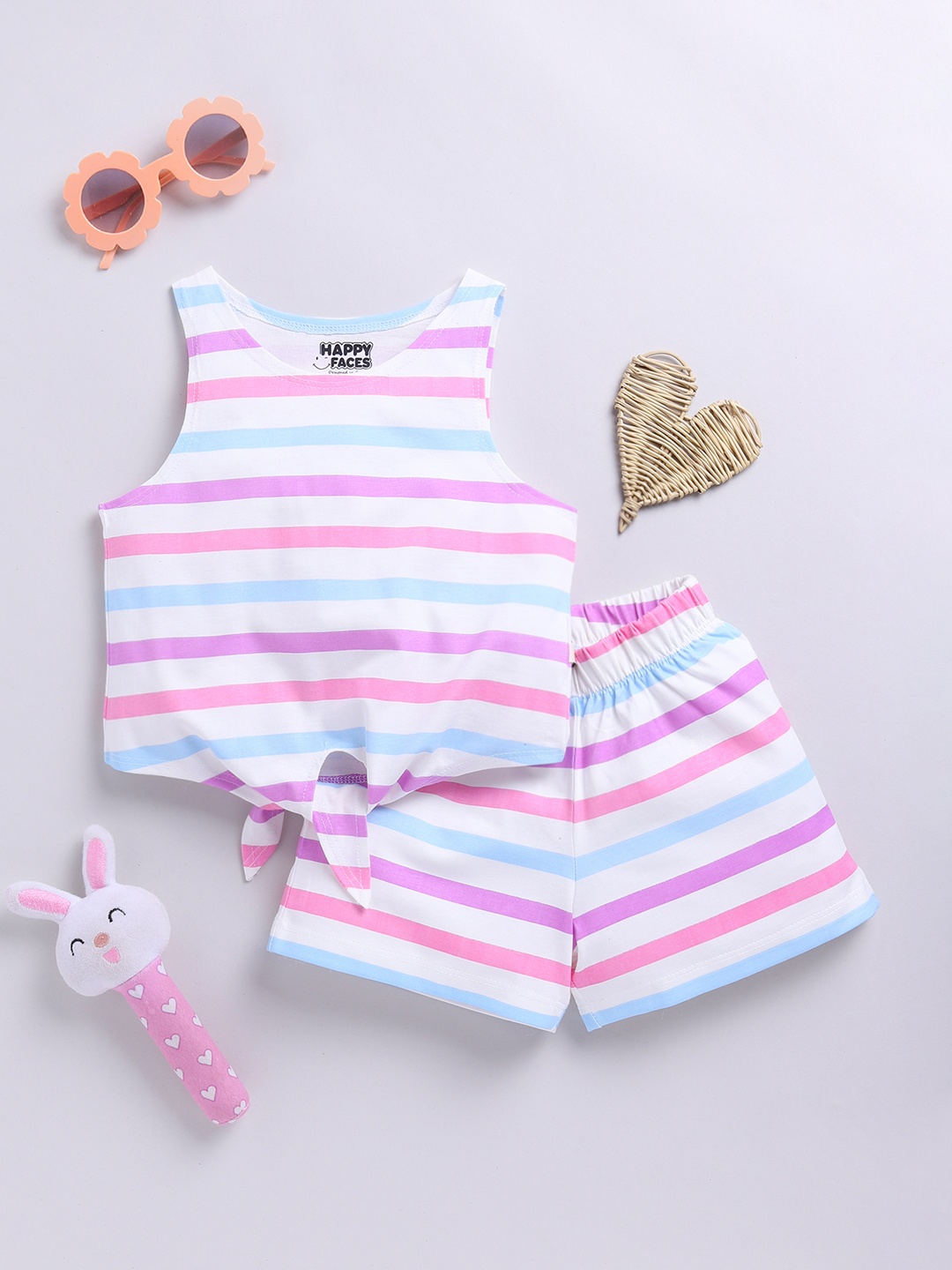 

Happy Faces Girls Striped Top with Shorts, White