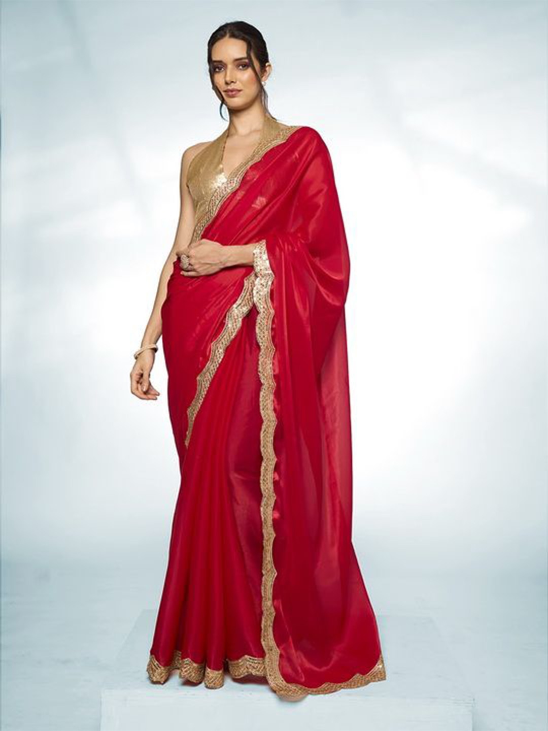 

Mitera Sequinned Organza Ready to Wear Saree, Red