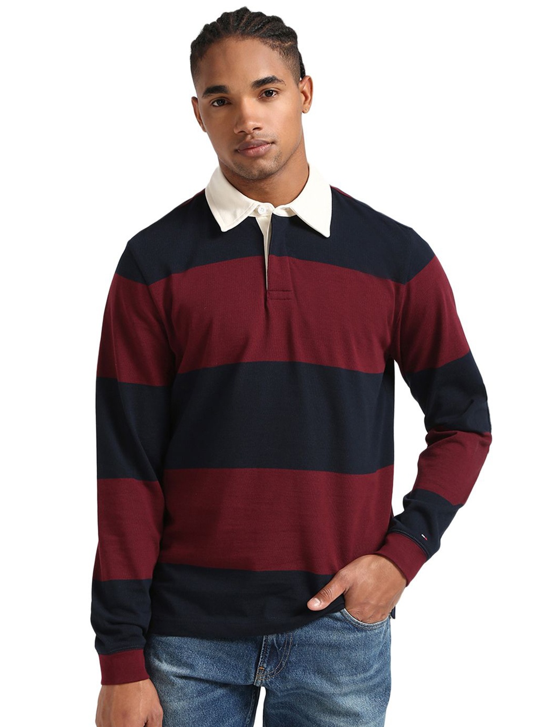 

Tommy Hilfiger Men Striped Shirt Collar Pullover Sweatshirt, Burgundy