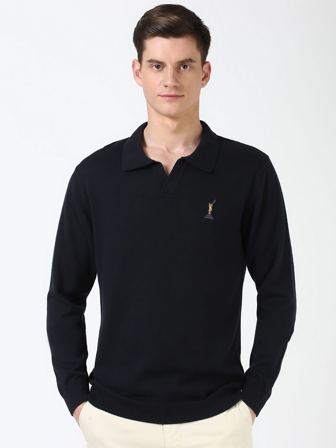 

Peter England Casuals Men Cotton Polo Neck Long Sleeves Pullover, Navy blue