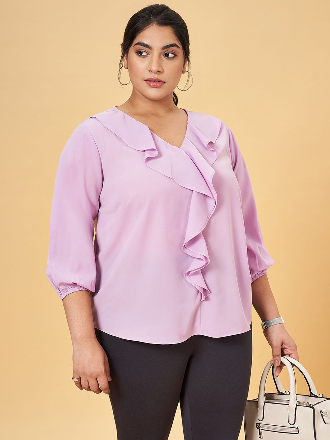

Honey Curvytude by Pantaloons Women Self Design Ruffles Top, Purple