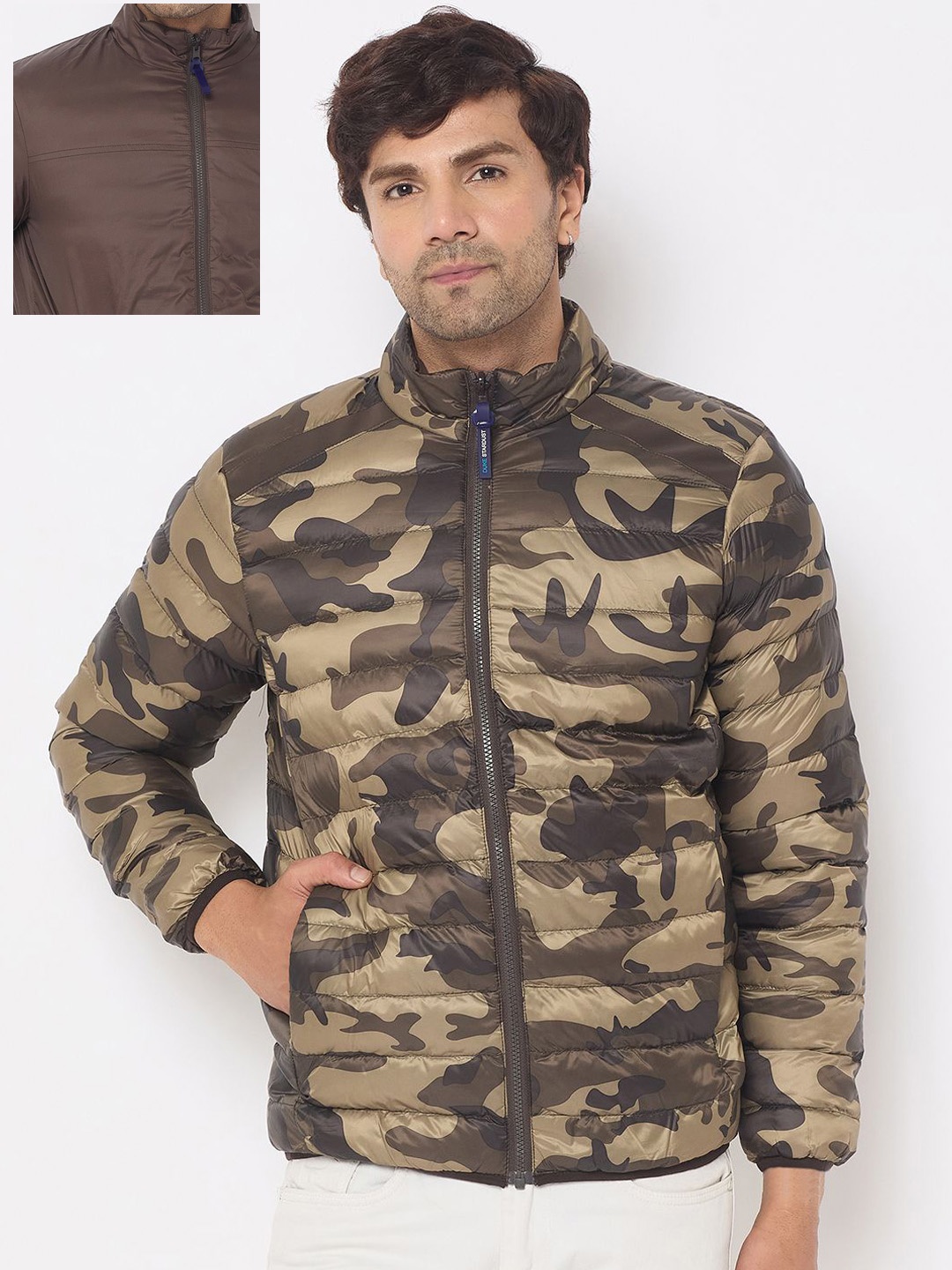 

Duke Men Mock Collar Camouflage Printed Casual Puffer Jacket, Brown