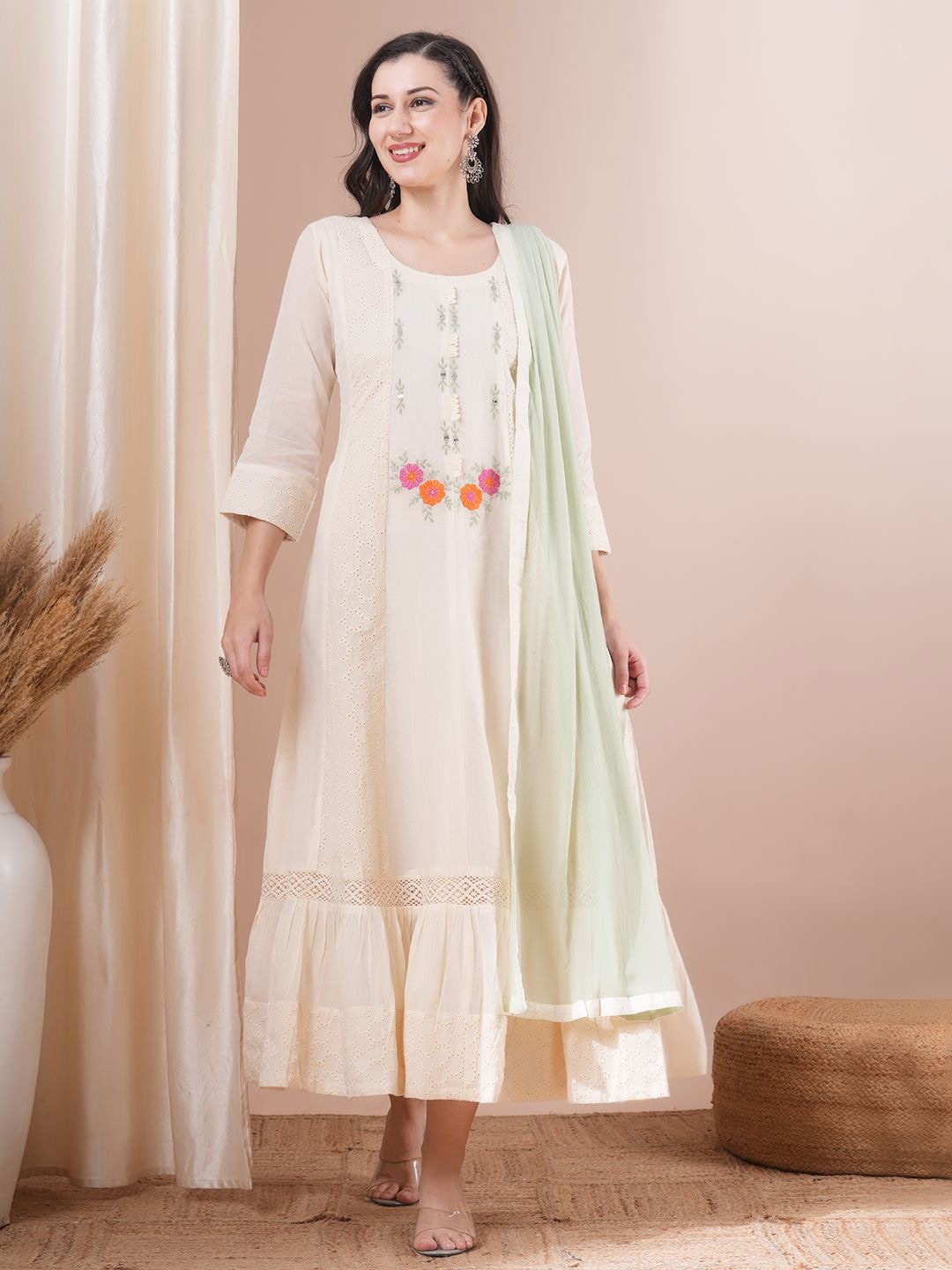 

FASHOR Women Ethnic Motifs Cotton Embroidered Fit & Flare Maxi Dress, Off white