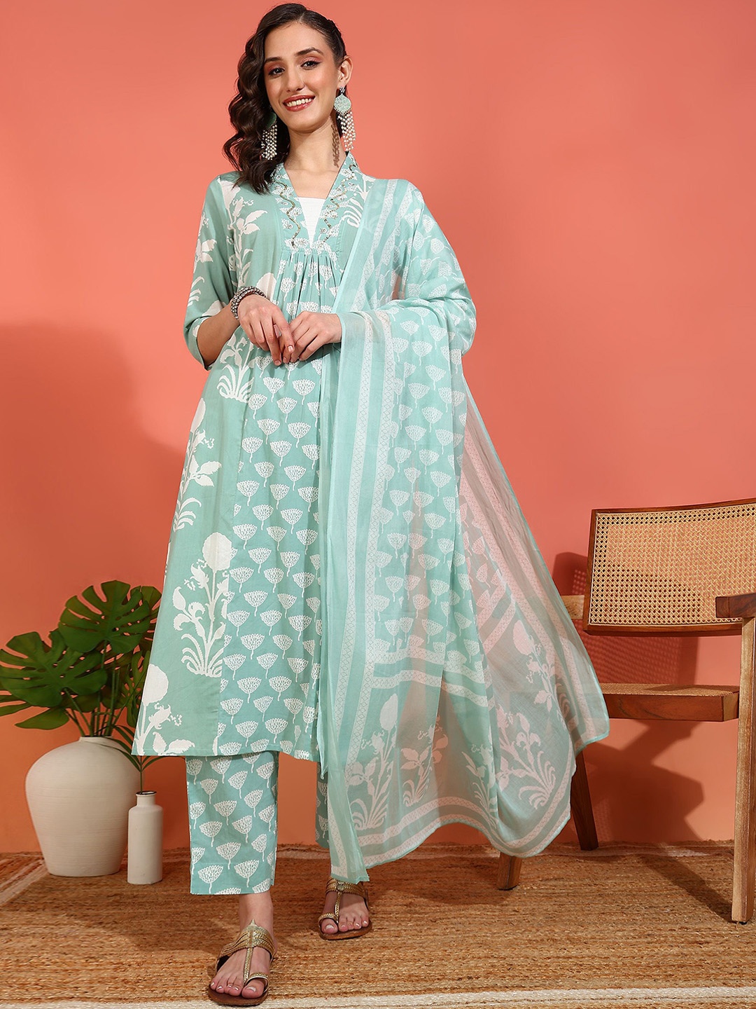 

YASH GALLERY Floral Printed Pleated Sequinned Pure Cotton Kurta with Trouser & Dupatta, Green