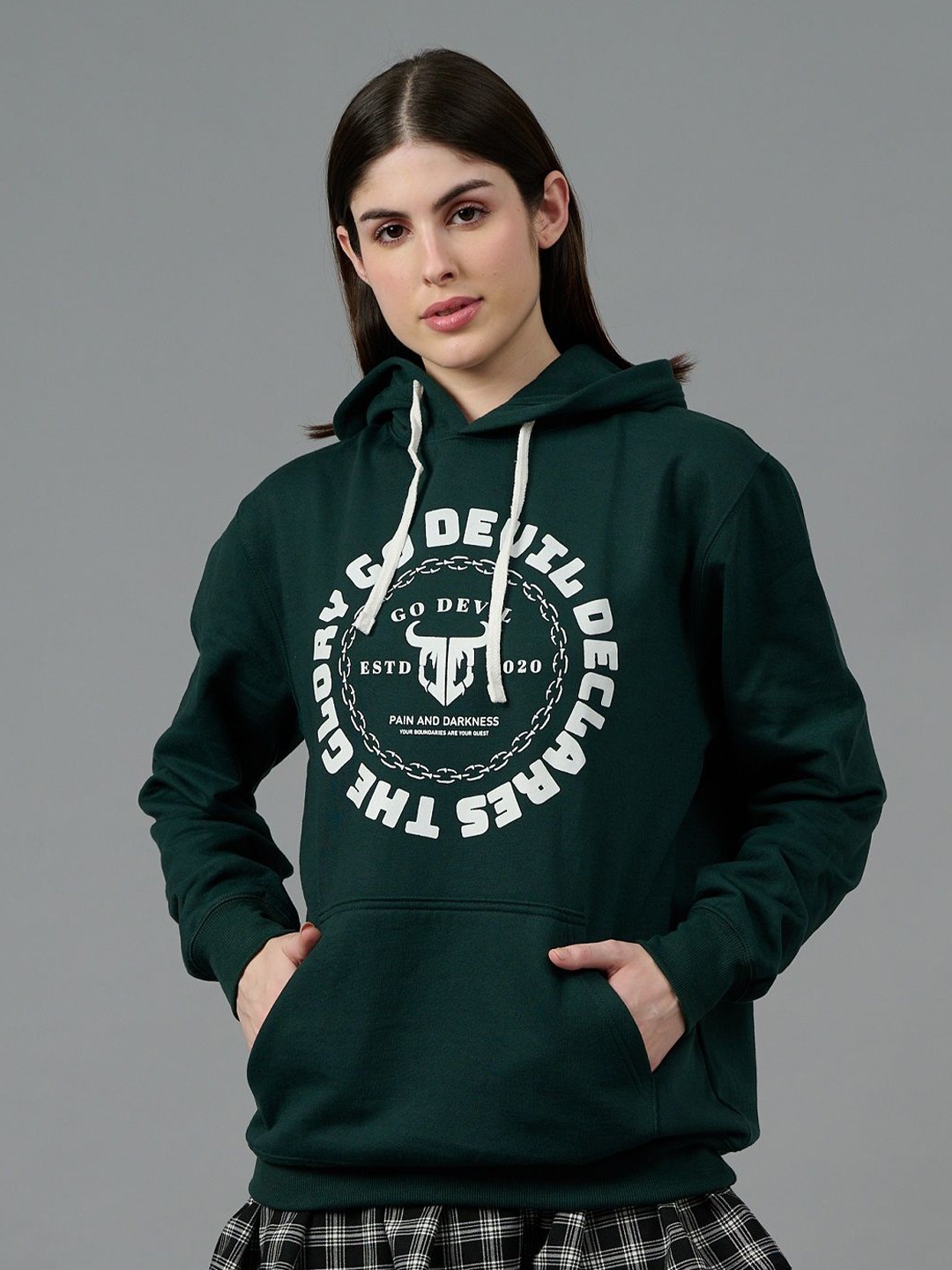 

GO DEVIL Women Printed Hooded Sweatshirt, Green