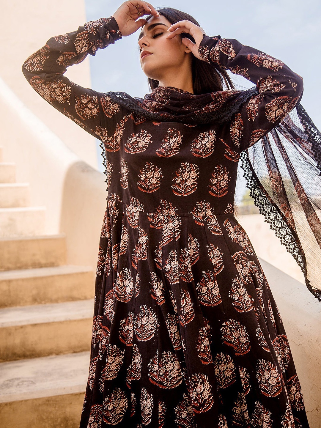 

GulaboJaipur Floral Printed Straight Thread Work Pure Cotton Kurta with Trousers, Brown