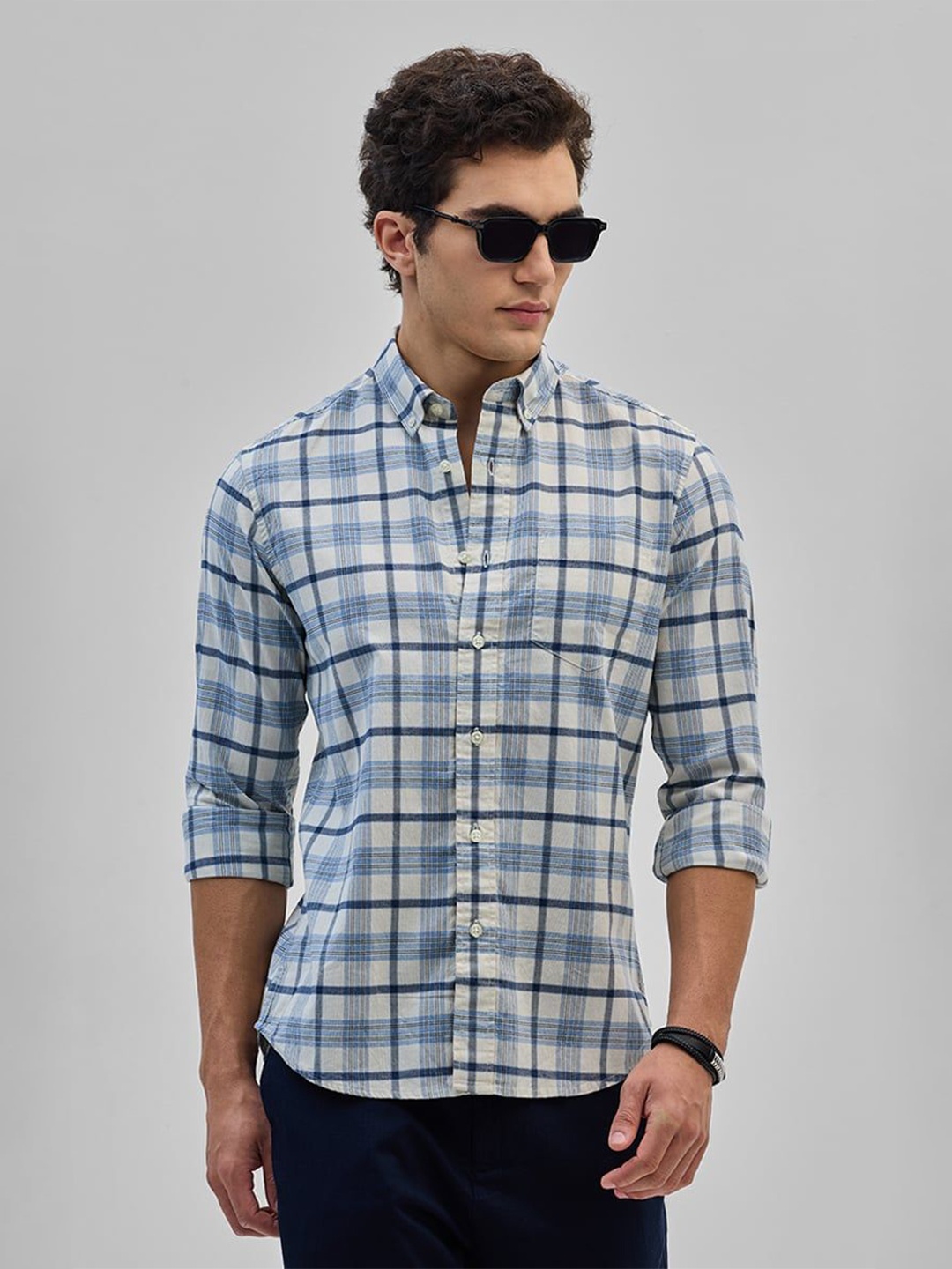 

Snitch Men Smart Button-Down Collar Tartan Checked Cotton Casual Shirt, Blue