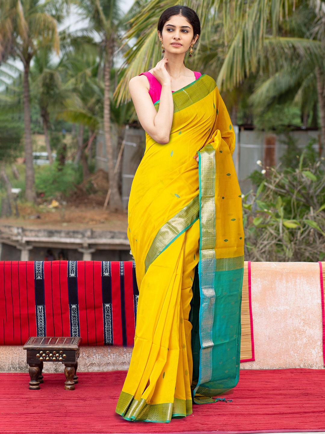 

Unnati Silks Ethnic Motifs Woven Design Silk Cotton Handloom Maheshwari Saree, Yellow