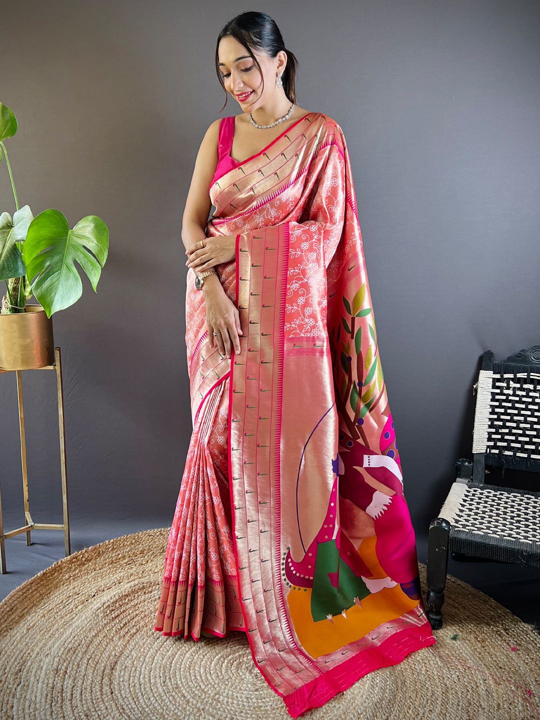 

Mitera Woven Design Zari Designer Paithani Saree, Peach