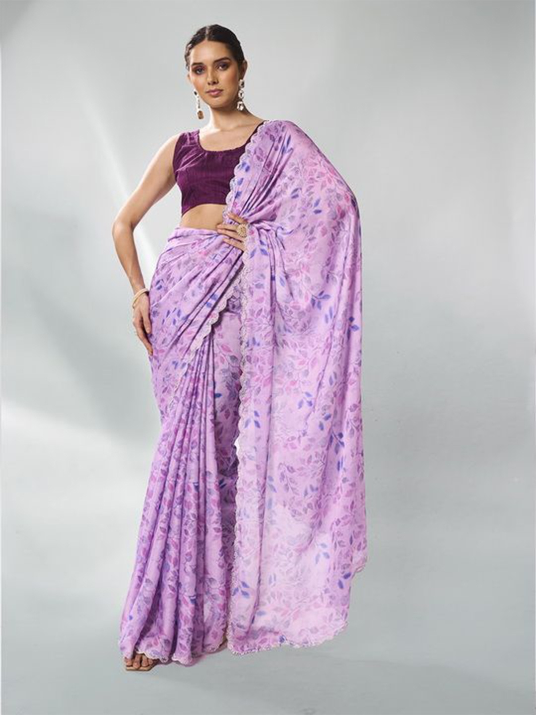 

Mitera Floral Printed Satin Ready to Wear Saree, Lavender