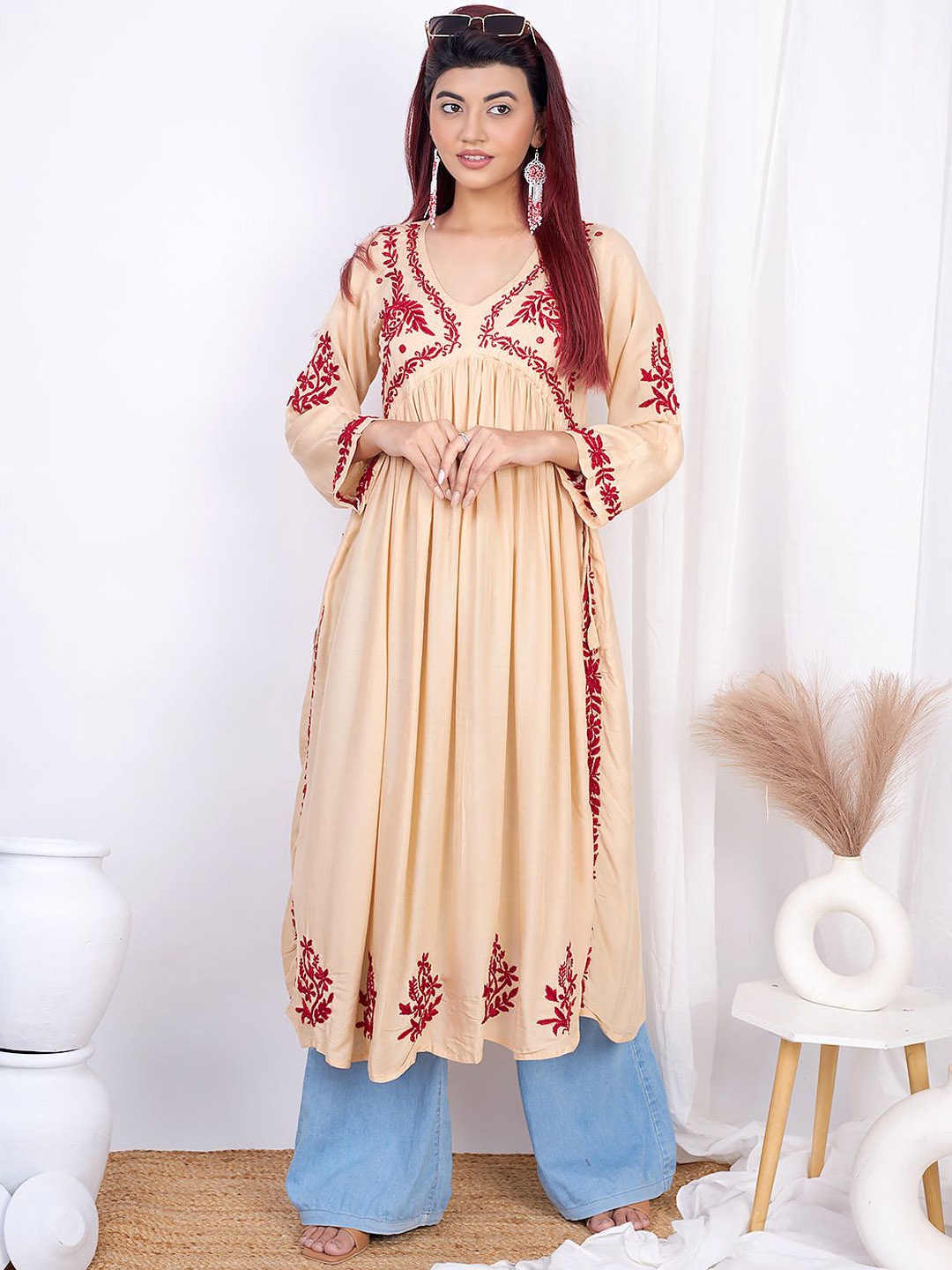 

The Chikan Label Ethnic Motifs Embroidered Chikankari A-Line Kurta, Beige