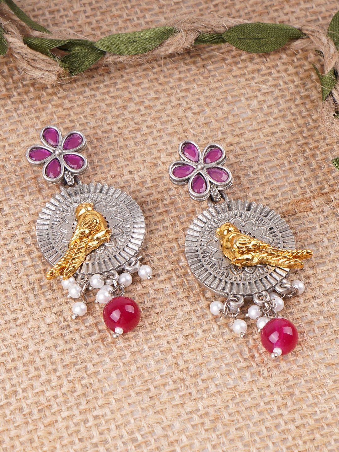 

Adwitiya Collection Silver-Plated Ruby & Pearls Bird Design Oxidised Drop Earrings