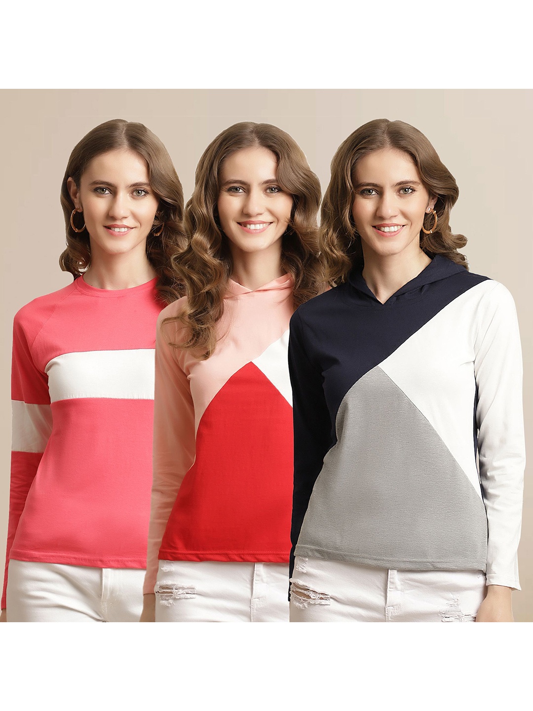 

Metronaut Women Pack Of 3 Colourblocked Round Neck Cotton T-shirts, Grey