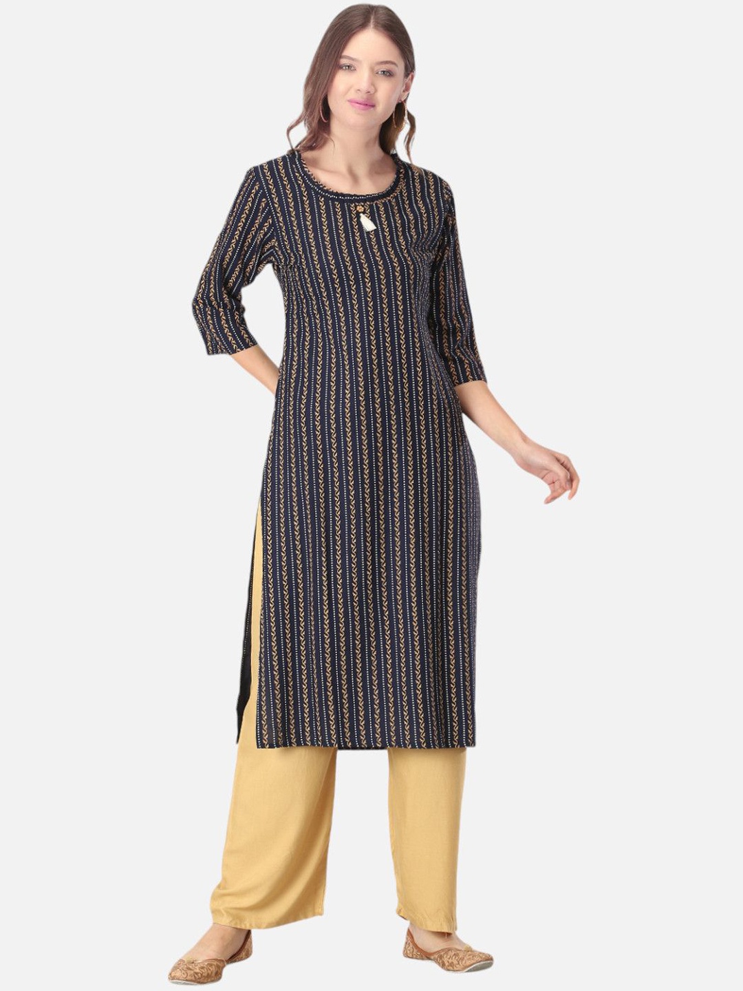 

Biyu Striped Round Neck Pure Cotton Straight Kurta, Navy blue