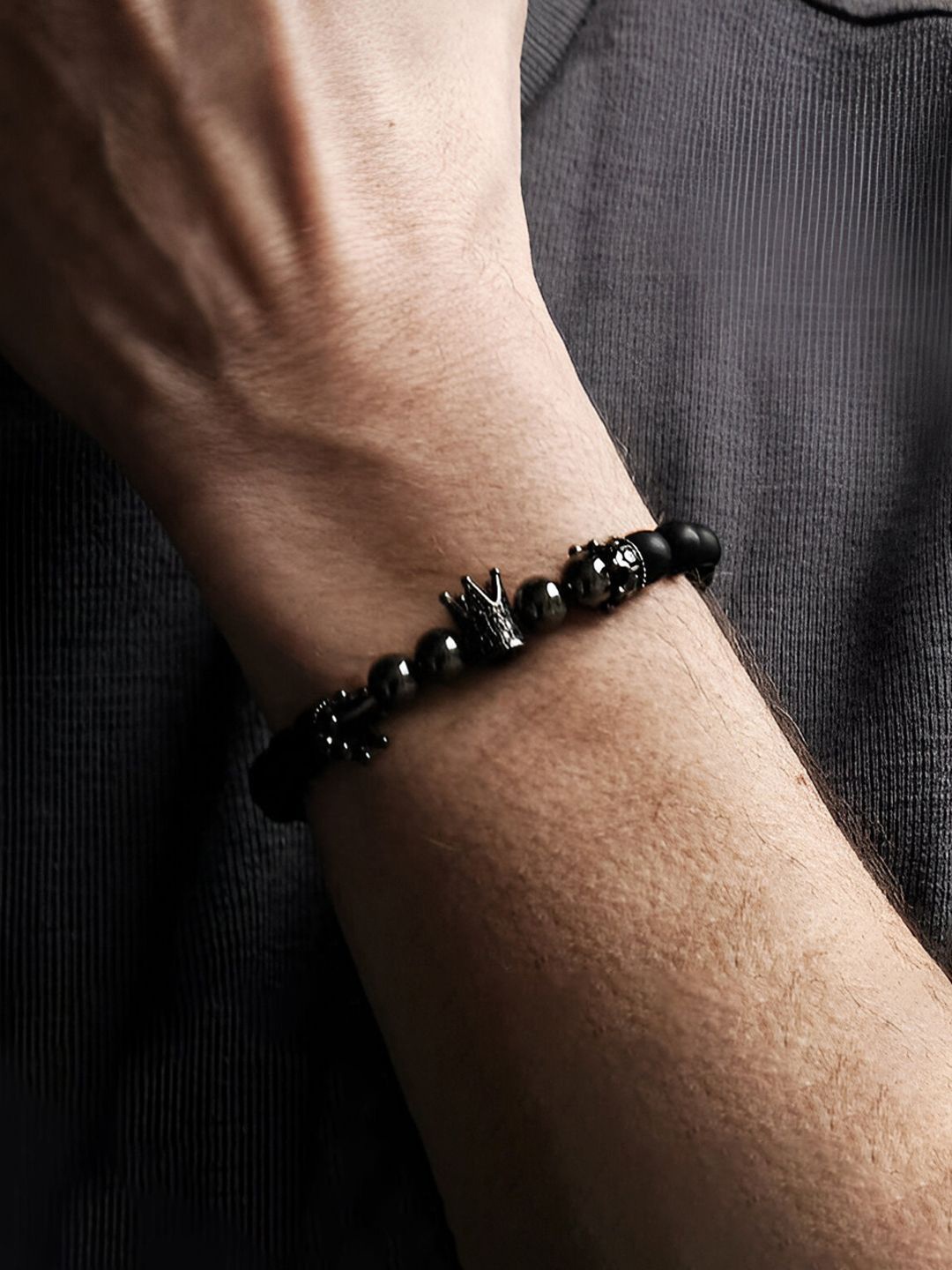 

Designs & You Men Silver-Plated Beaded Elasticated Bracelet, Black