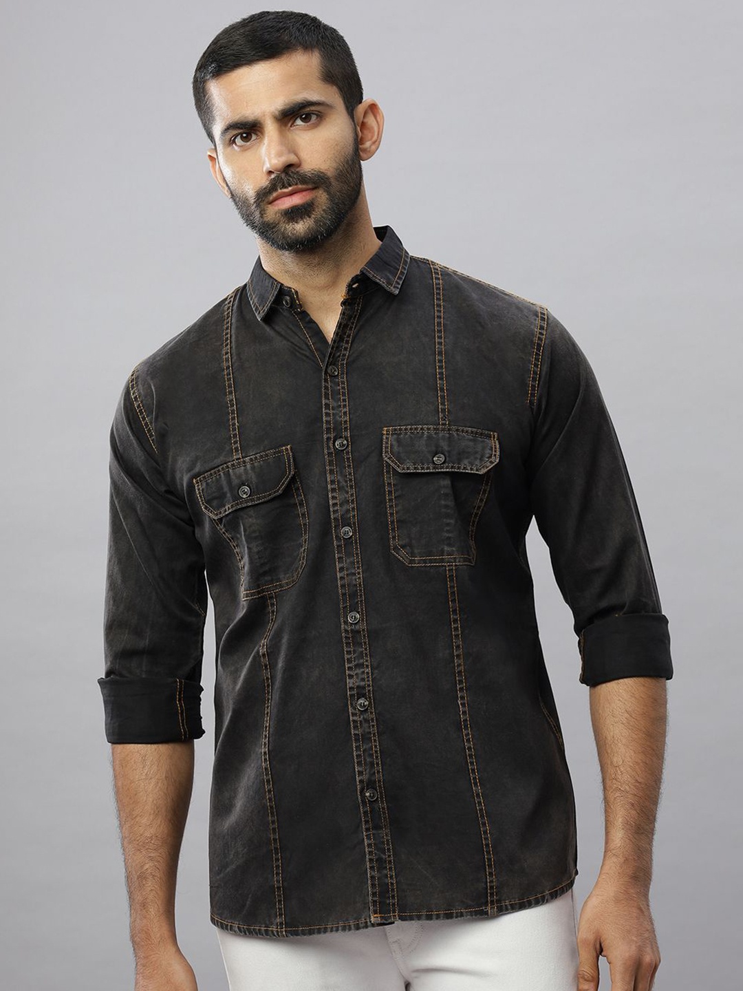 

N AND J Men Relaxed Spread Collar Solid Denim Casual Shirt, Black